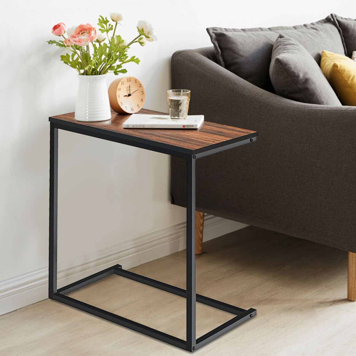 Costway Industrial Styled C Shaped Side, End Table-Brown