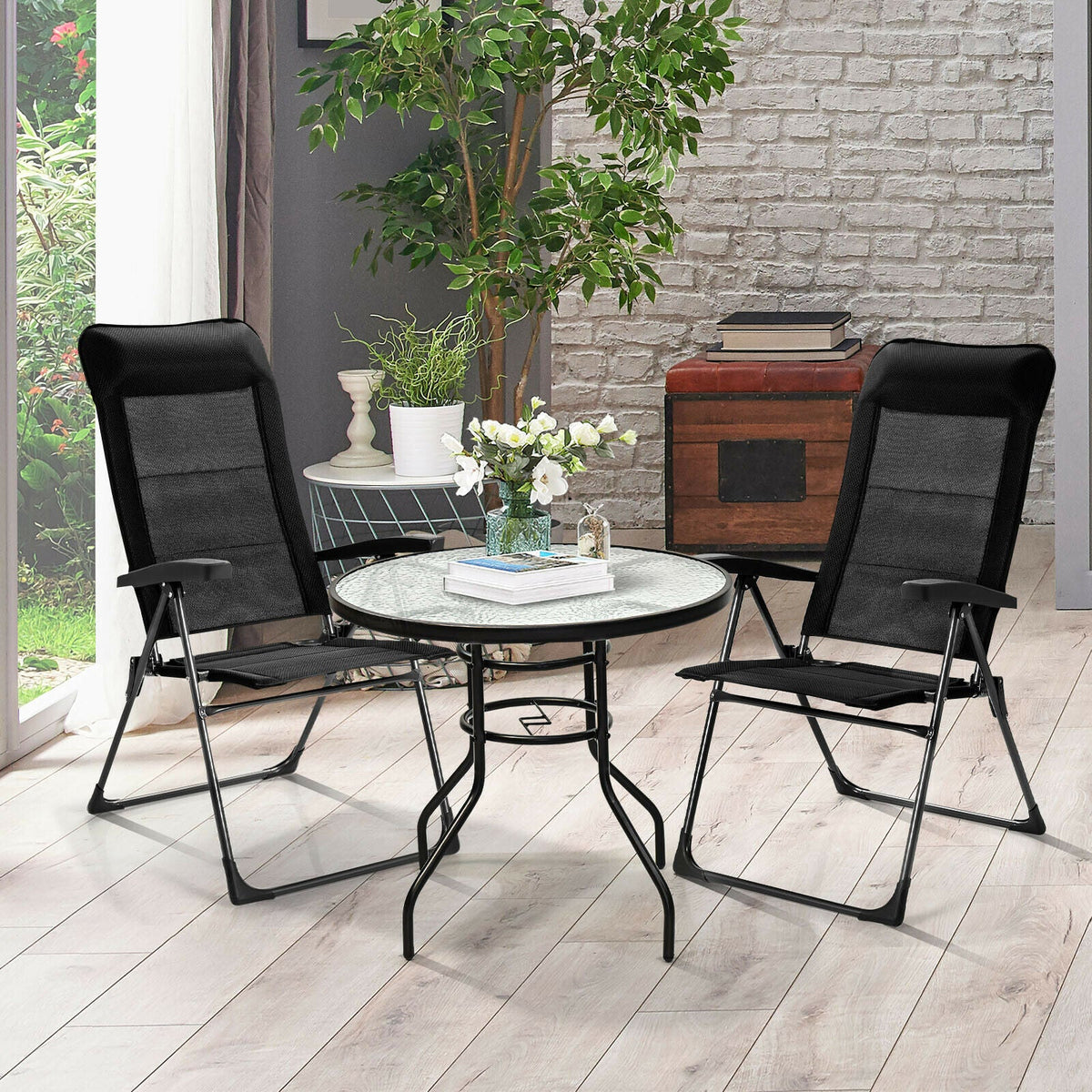 Streamlined armrests and soft sponge-filled pillows offer added comfort for extended outdoor sitting