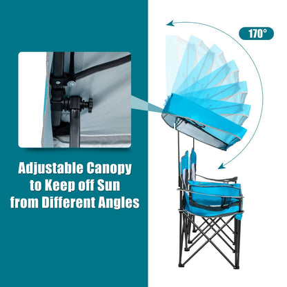 Double Folding Camping Chair with Canopy and Armrests-Blue