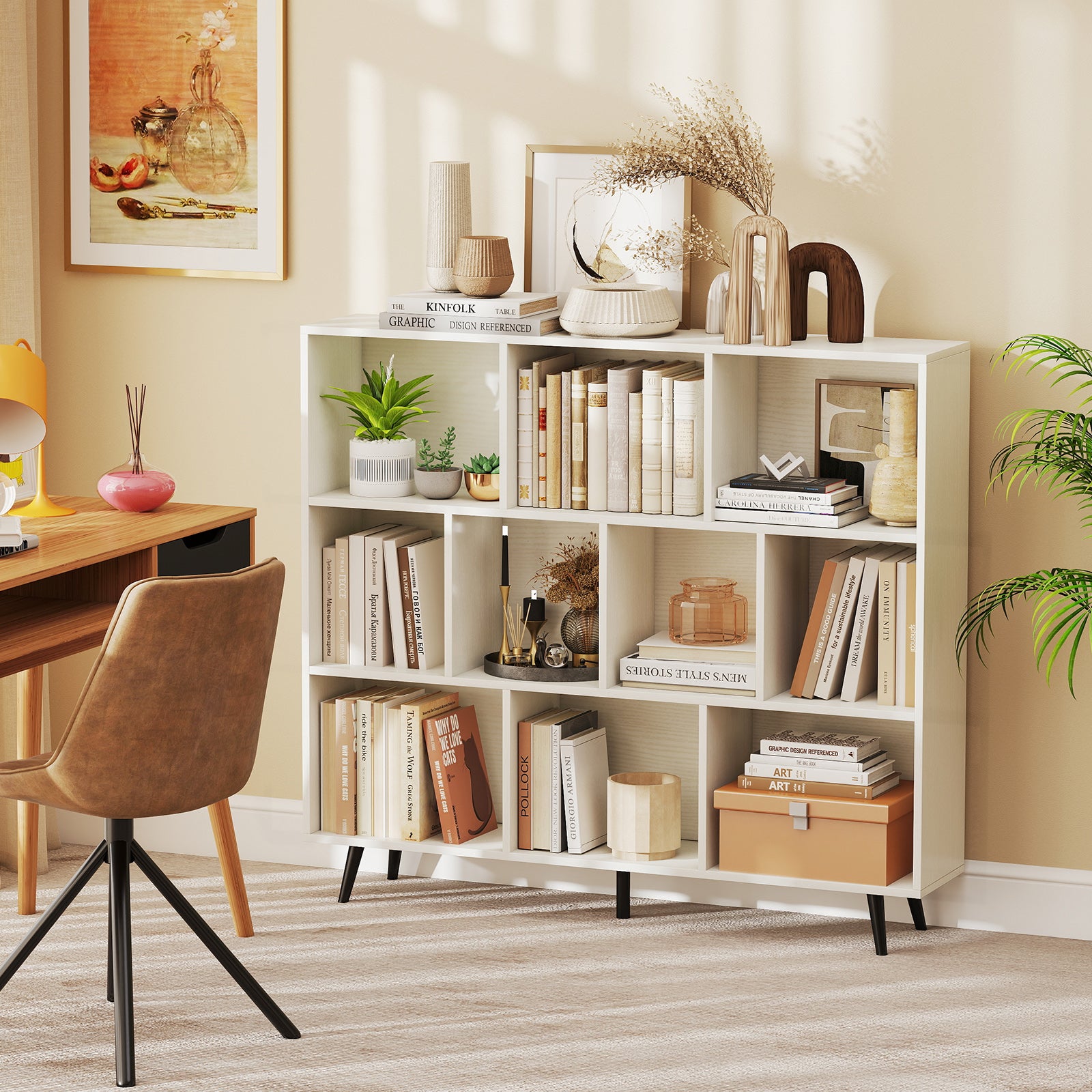 10-Cube Bookcase 120 cm Mid Century Modern Storage Organizer with 5 Tapered Metal Legs-White