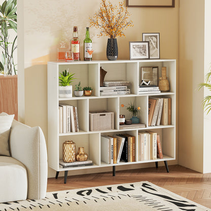 10-Cube Bookcase 120 cm Mid Century Modern Storage Organizer with 5 Tapered Metal Legs-White