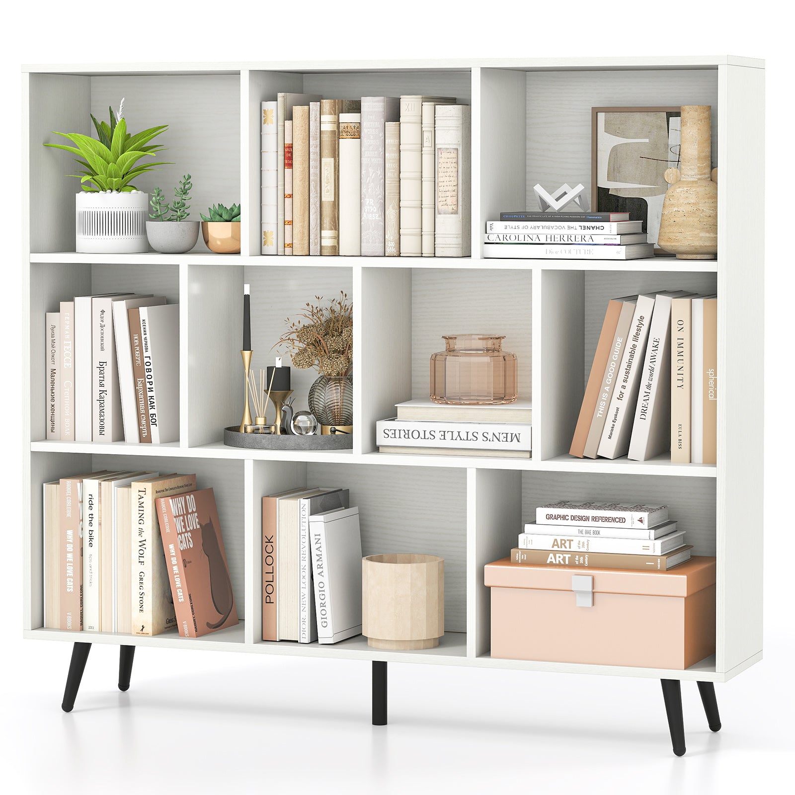 10-Cube Bookcase 120 cm Mid Century Modern Storage Organizer with 5 Tapered Metal Legs-White