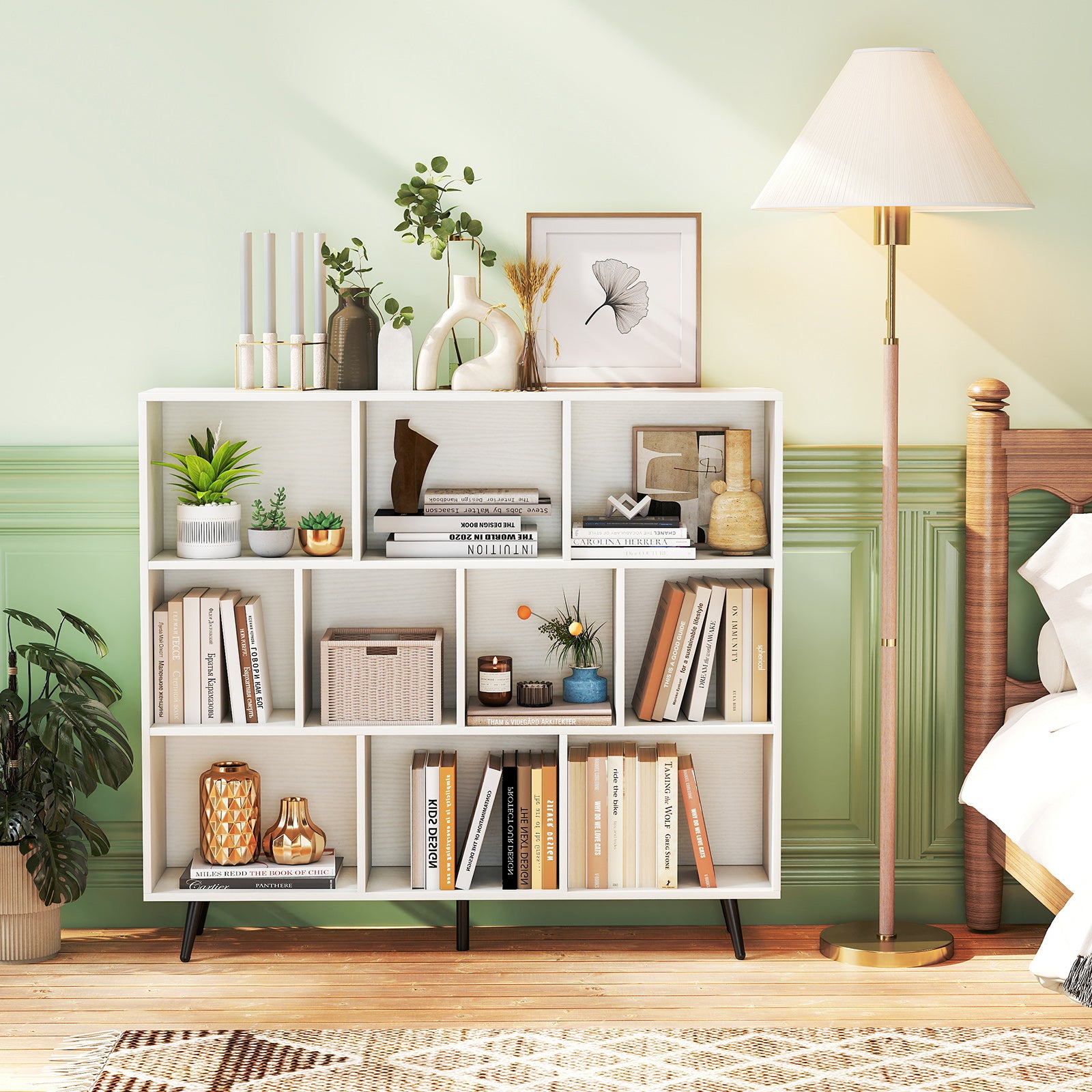 10-Cube Bookcase 120 cm Mid Century Modern Storage Organizer with 5 Tapered Metal Legs-White