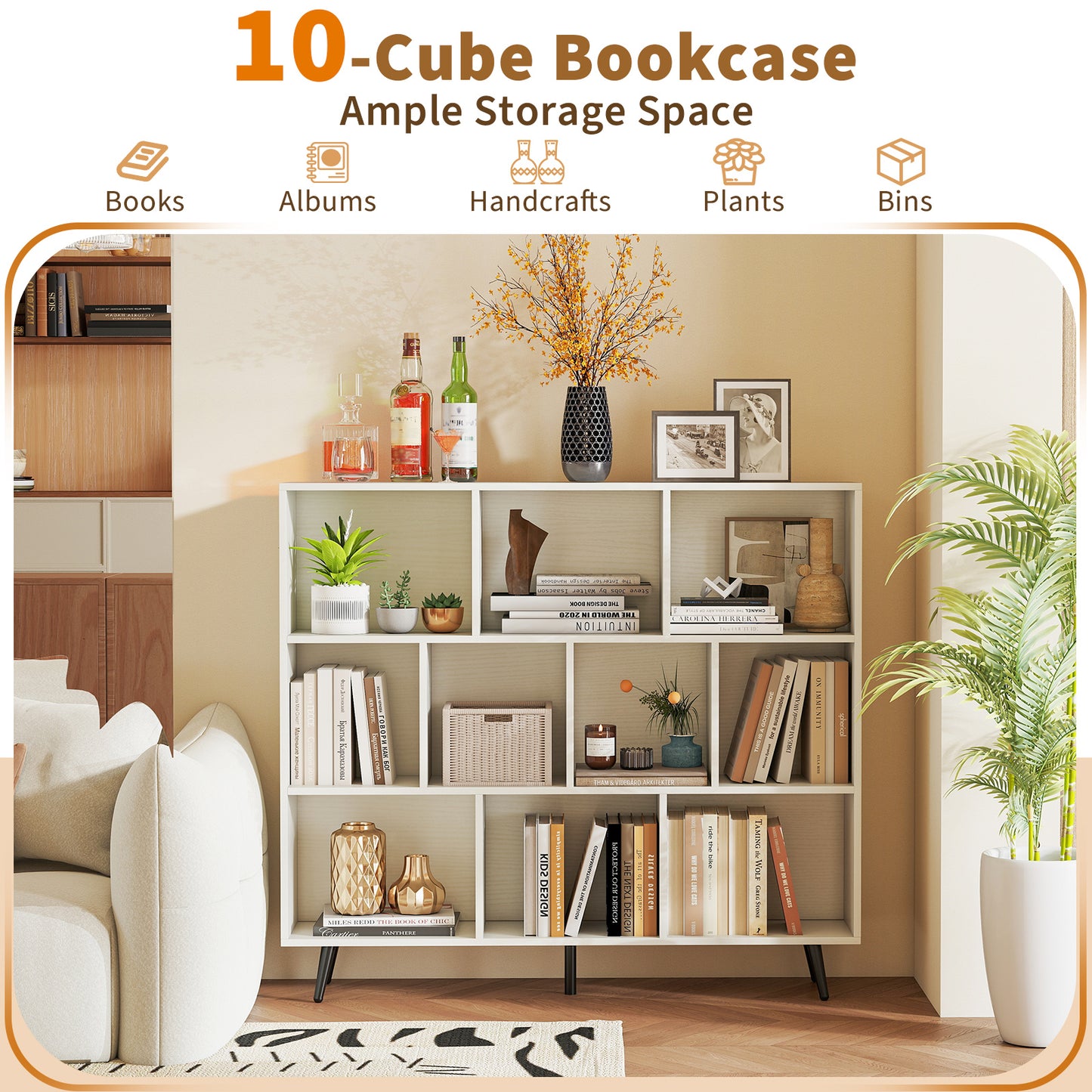 10-Cube Bookcase 120 cm Mid Century Modern Storage Organizer with 5 Tapered Metal Legs-White