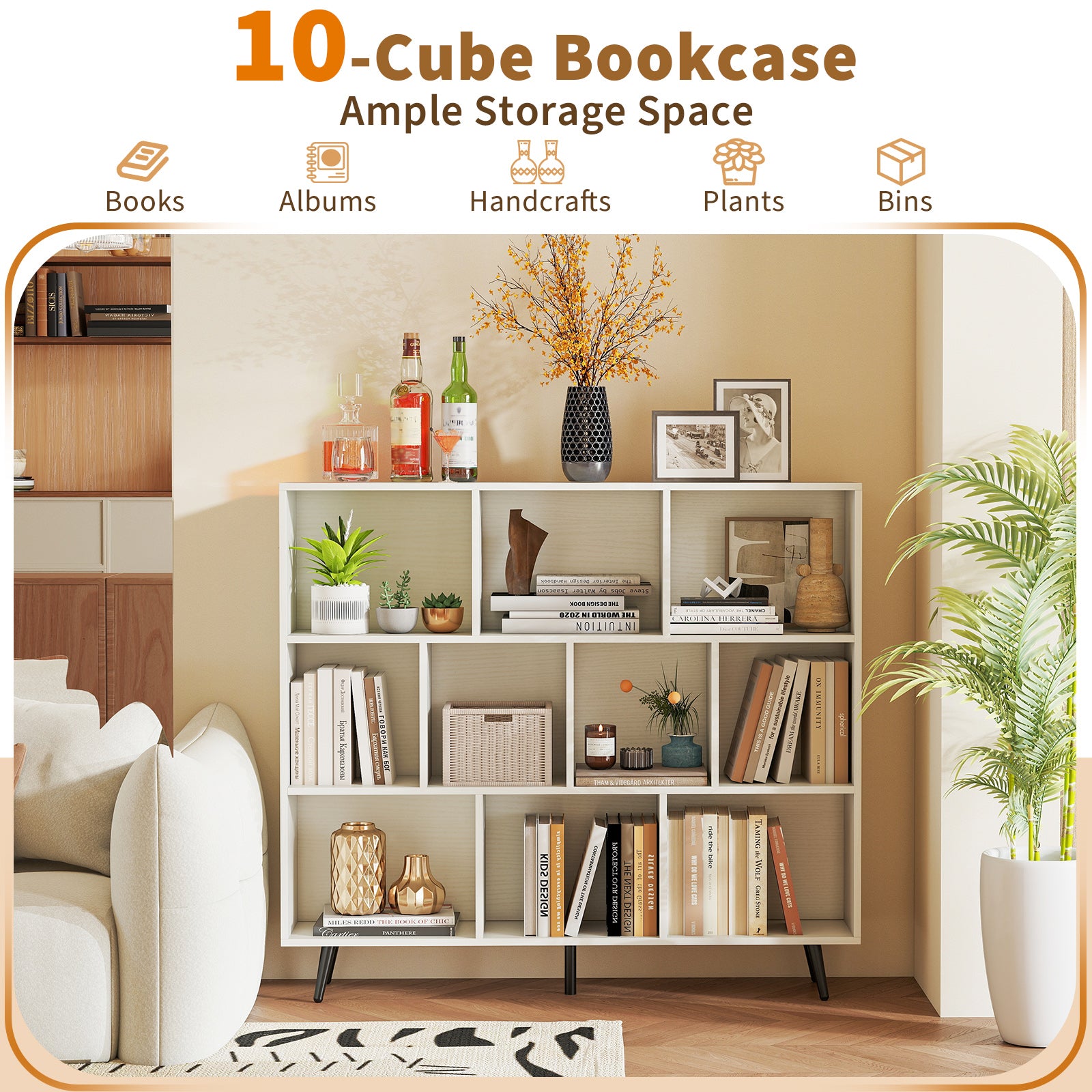 10-Cube Bookcase 120 cm Mid Century Modern Storage Organizer with 5 Tapered Metal Legs-White