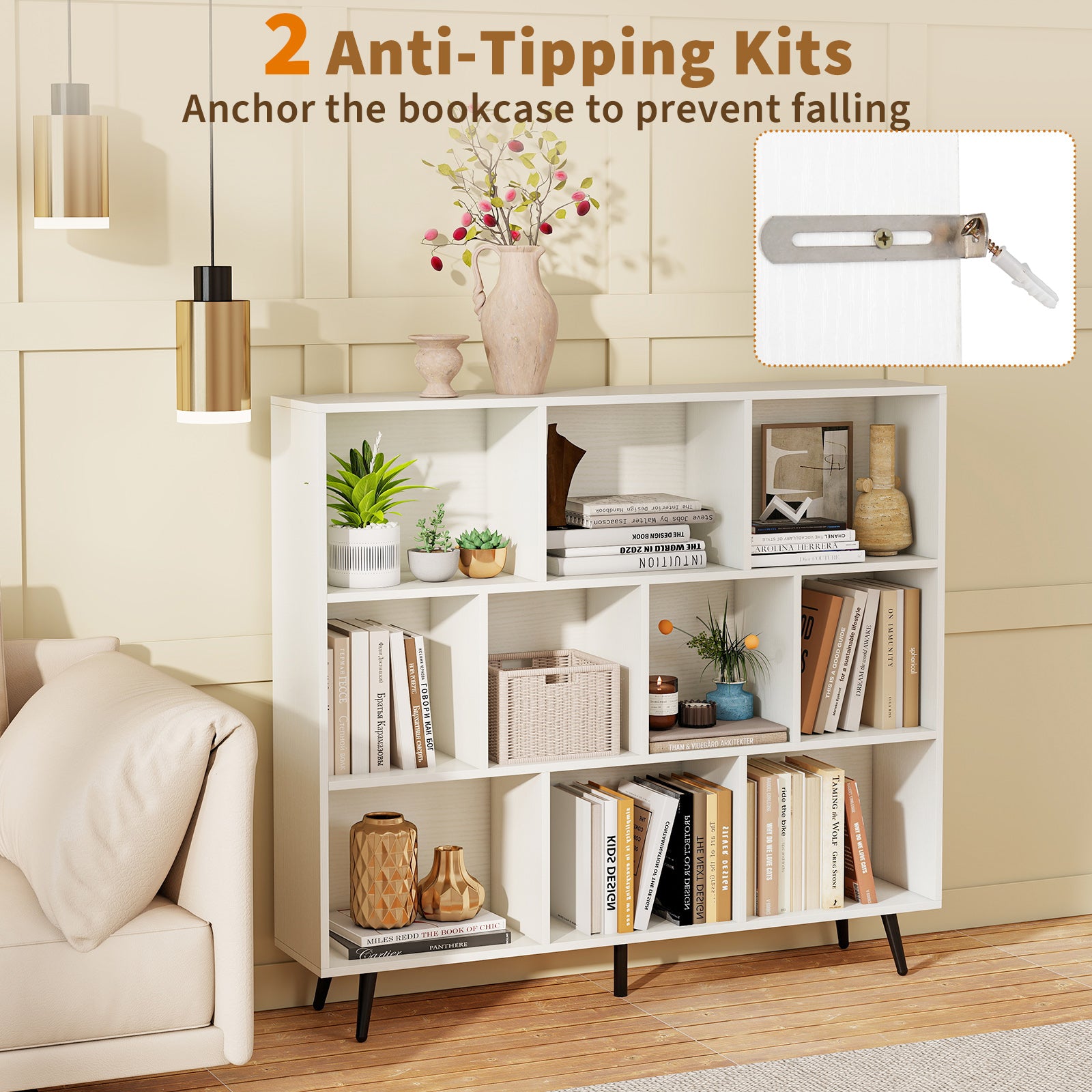 10-Cube Bookcase 120 cm Mid Century Modern Storage Organizer with 5 Tapered Metal Legs-White