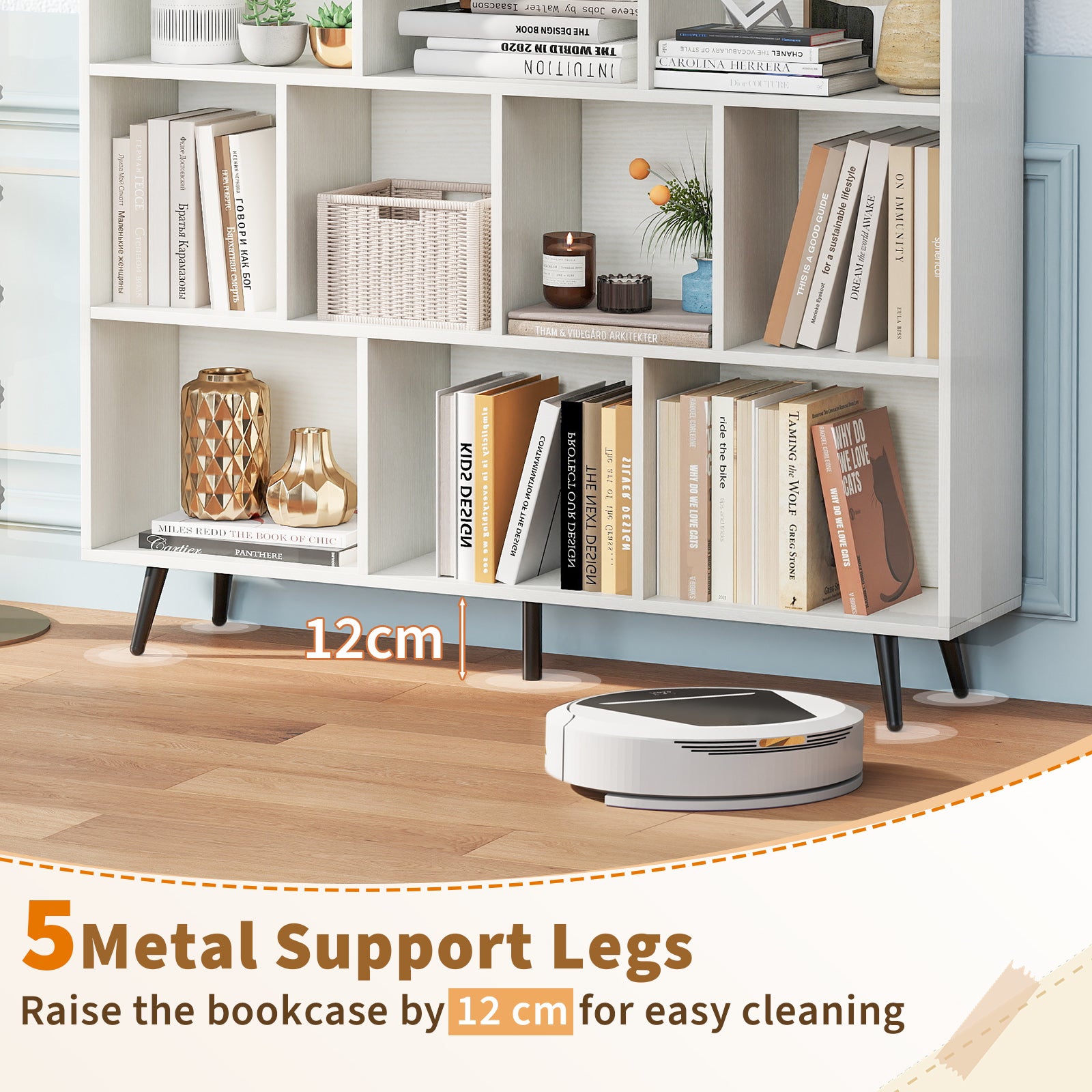10-Cube Bookcase 120 cm Mid Century Modern Storage Organizer with 5 Tapered Metal Legs-White
