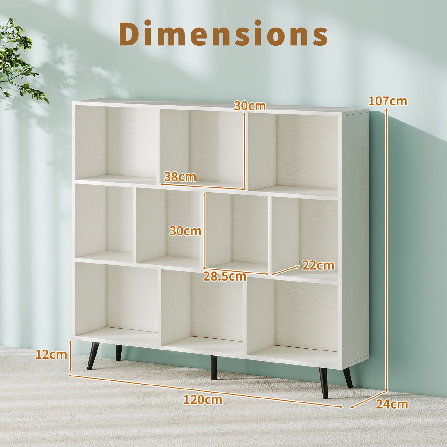 10-Cube Bookcase 120 cm Mid Century Modern Storage Organizer with 5 Tapered Metal Legs-White