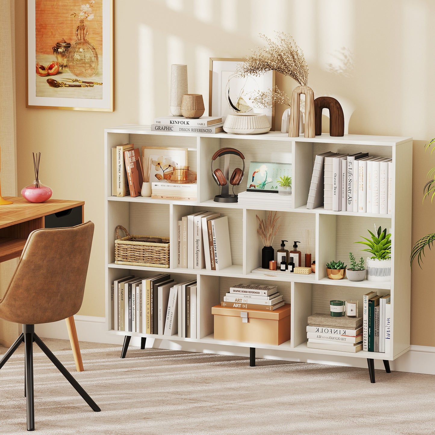 10-Cube Bookcase 140 cm Mid Century Modern Storage Organizer with 5 Tapered Metal Legs-White