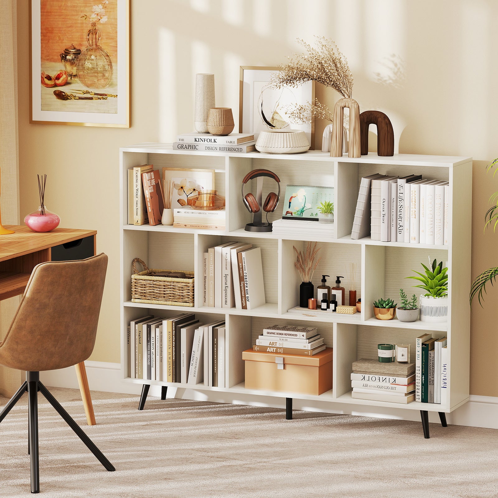 10-Cube Bookcase 140 cm Mid Century Modern Storage Organizer with 5 Tapered Metal Legs-White