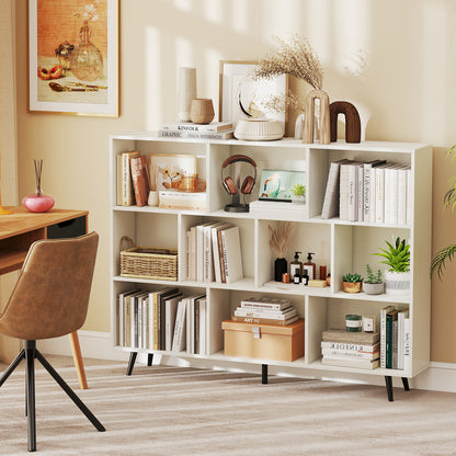 10-Cube Bookcase 140 cm Mid Century Modern Storage Organizer with 5 Tapered Metal Legs-White