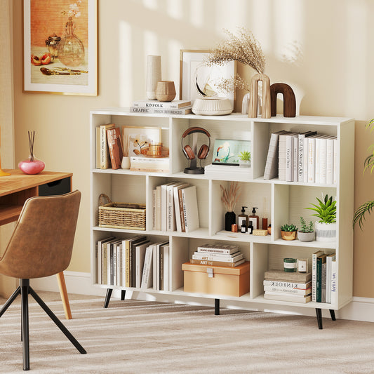 10-Cube Bookcase 140 cm Mid Century Modern Storage Organizer with 5 Tapered Metal Legs-White