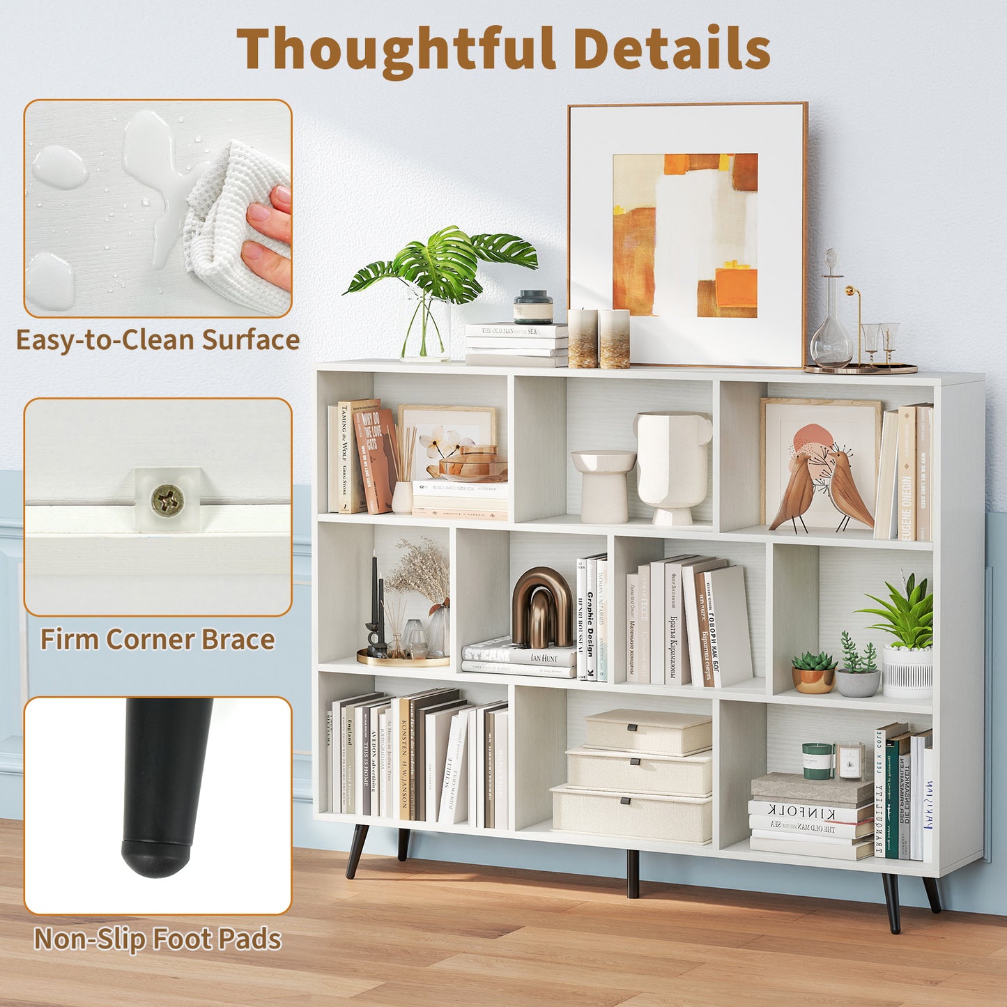 10-Cube Bookcase 140 cm Mid Century Modern Storage Organizer with 5 Tapered Metal Legs-White