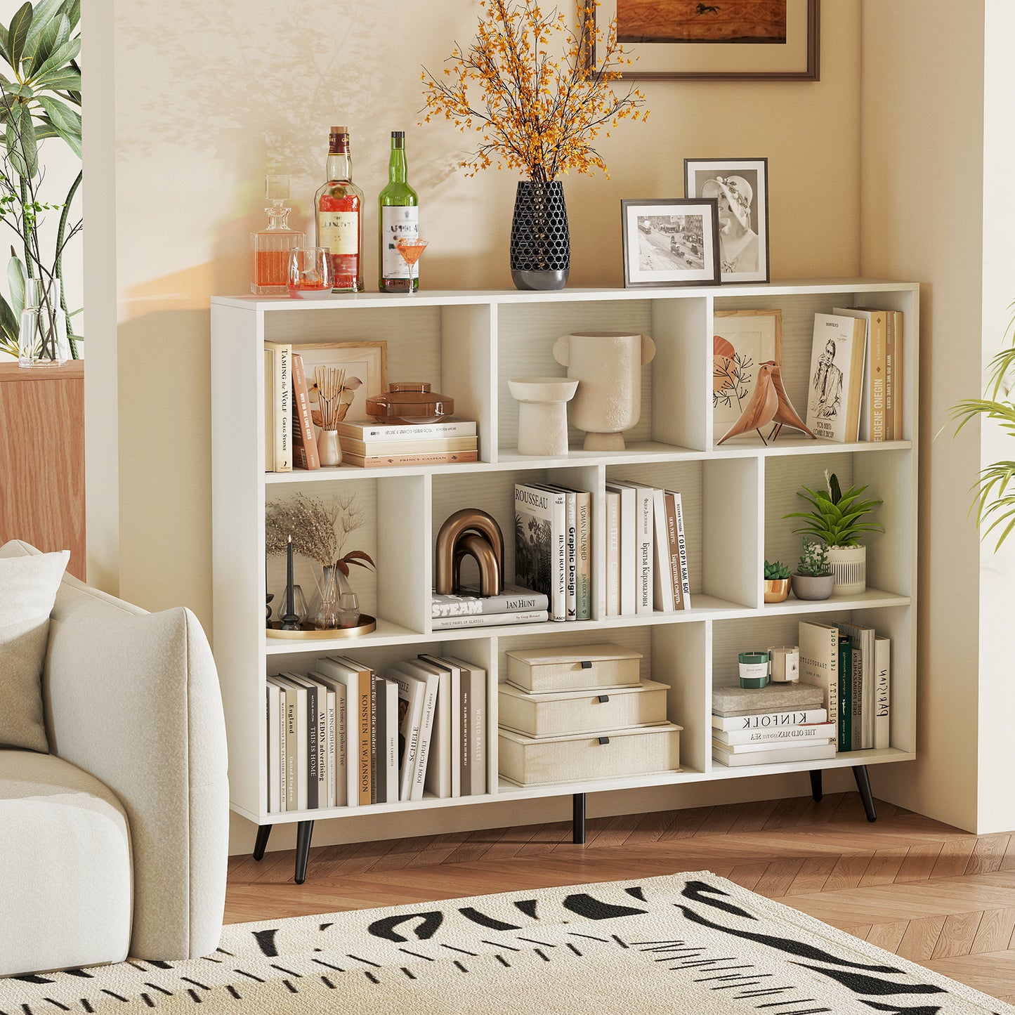10-Cube Bookcase 140 cm Mid Century Modern Storage Organizer with 5 Tapered Metal Legs-White