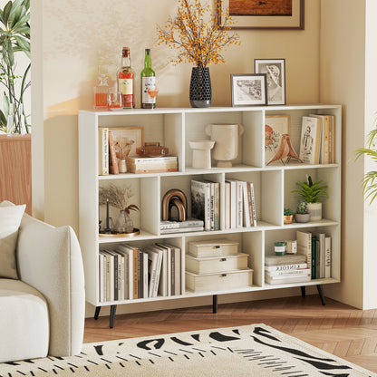 10-Cube Bookcase 140 cm Mid Century Modern Storage Organizer with 5 Tapered Metal Legs-White