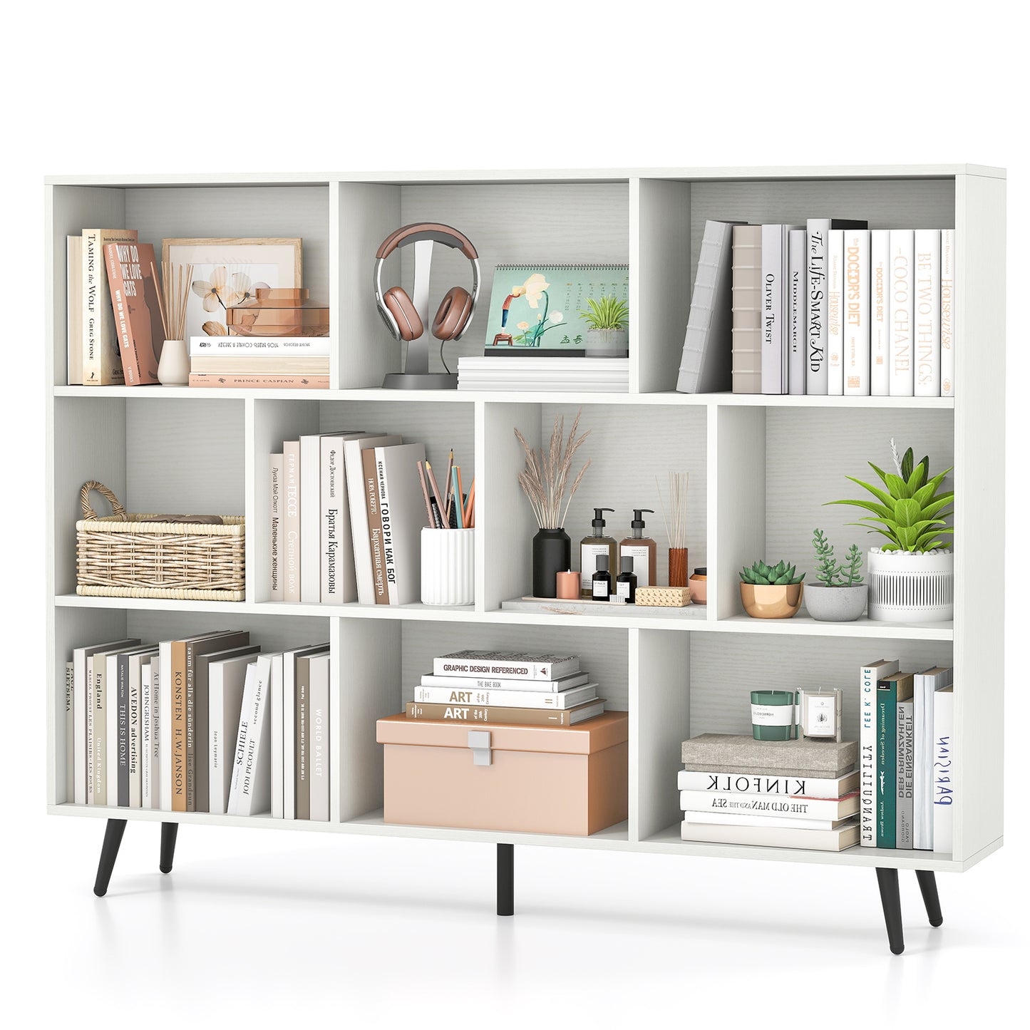 10-Cube Bookcase 140 cm Mid Century Modern Storage Organizer with 5 Tapered Metal Legs-White