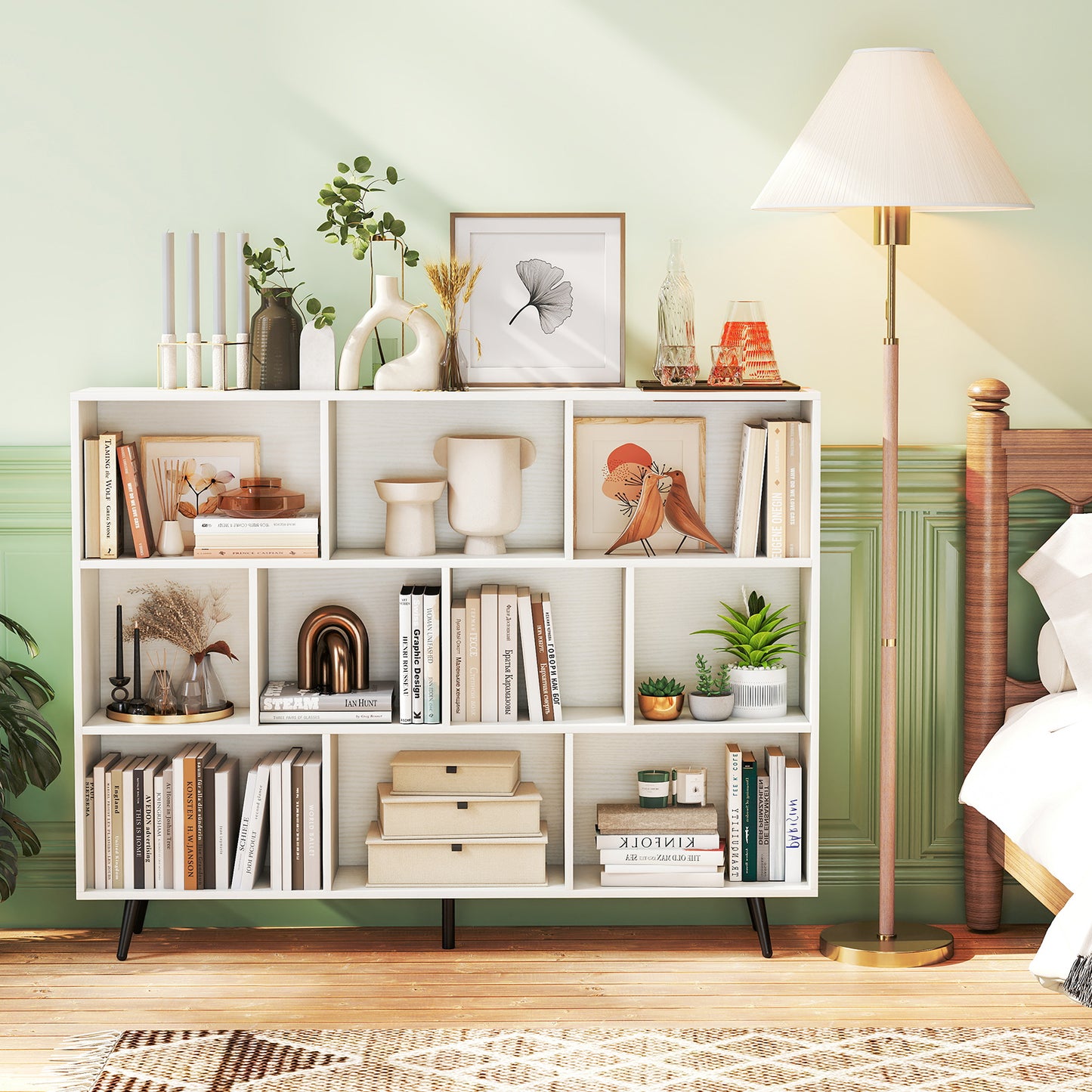 10-Cube Bookcase 140 cm Mid Century Modern Storage Organizer with 5 Tapered Metal Legs-White