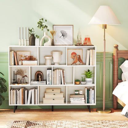 10-Cube Bookcase 140 cm Mid Century Modern Storage Organizer with 5 Tapered Metal Legs-White