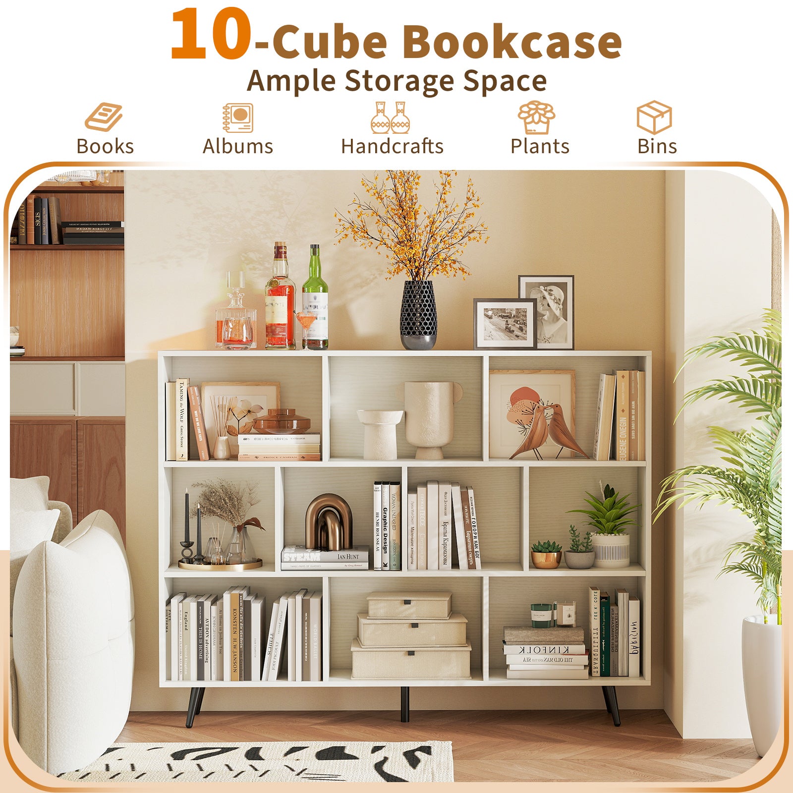 10-Cube Bookcase 140 cm Mid Century Modern Storage Organizer with 5 Tapered Metal Legs-White