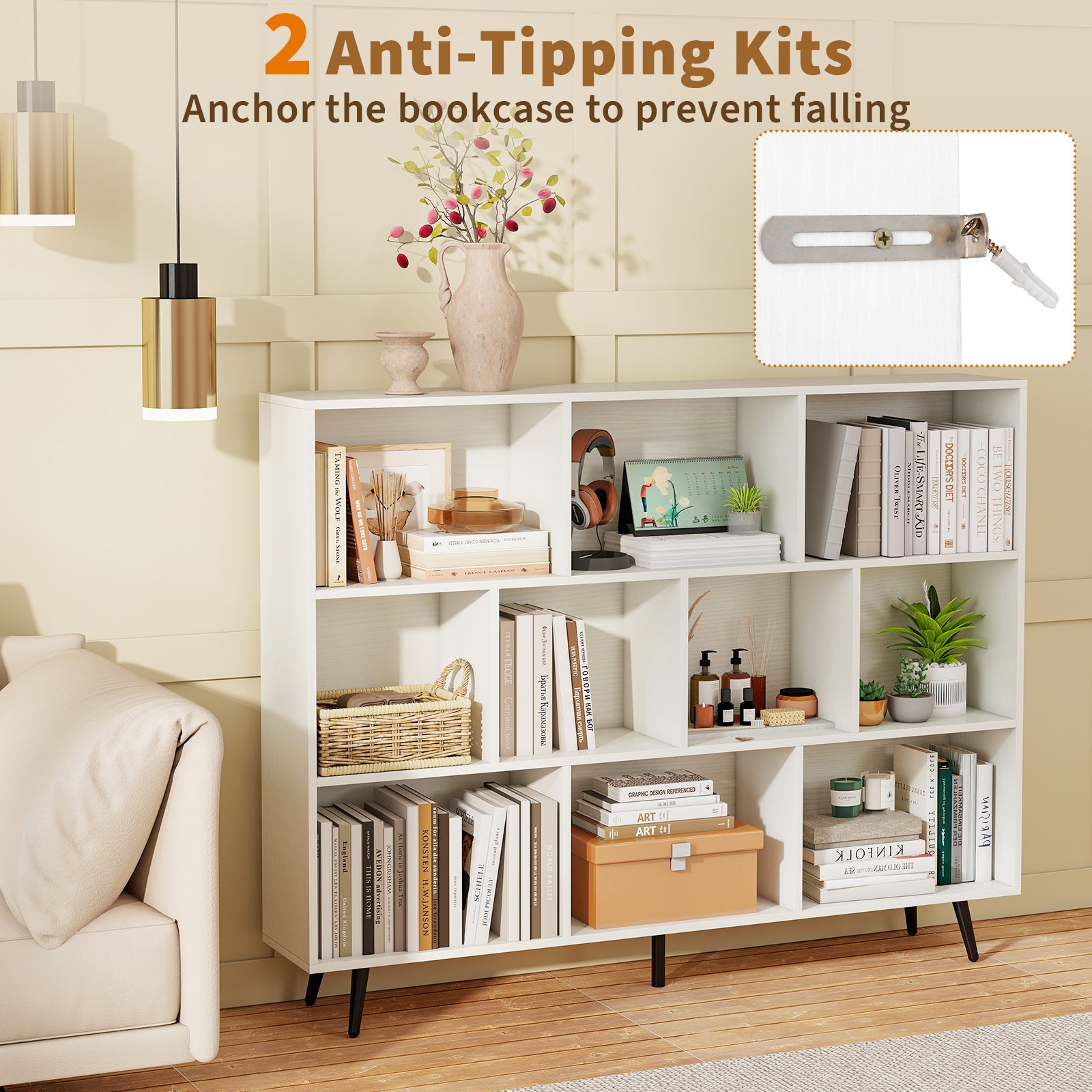 10-Cube Bookcase 140 cm Mid Century Modern Storage Organizer with 5 Tapered Metal Legs-White