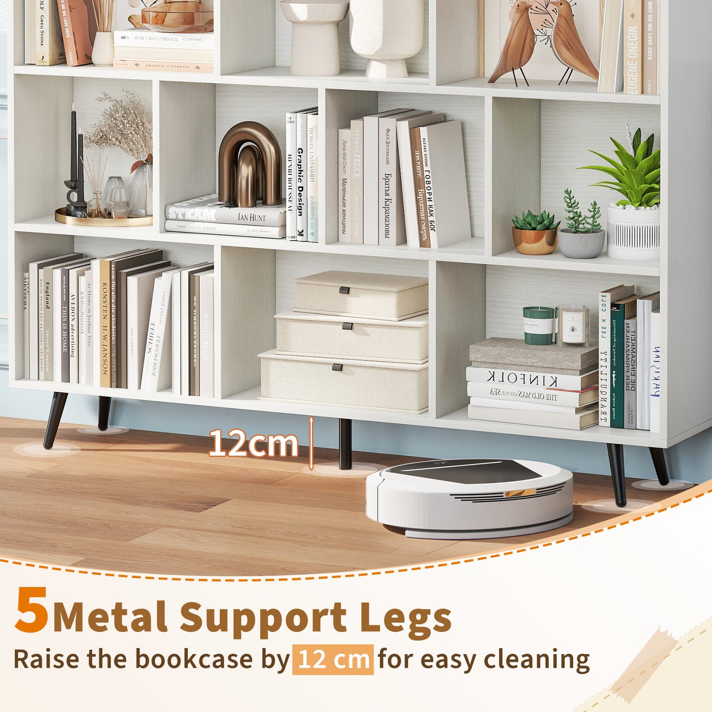 10-Cube Bookcase 140 cm Mid Century Modern Storage Organizer with 5 Tapered Metal Legs-White