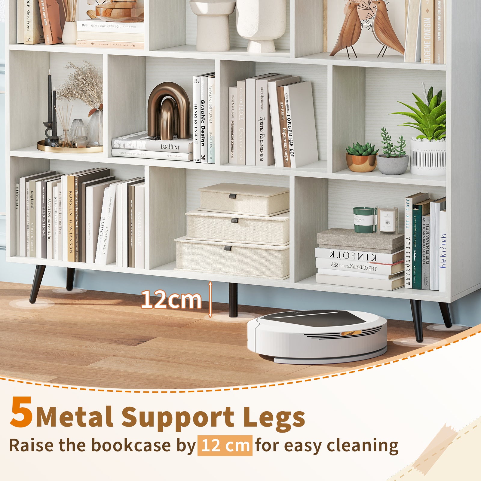 10-Cube Bookcase 140 cm Mid Century Modern Storage Organizer with 5 Tapered Metal Legs-White
