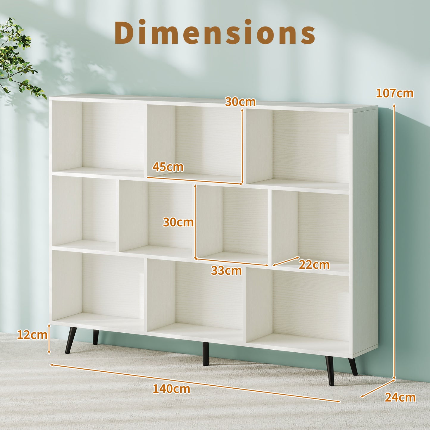 10-Cube Bookcase 140 cm Mid Century Modern Storage Organizer with 5 Tapered Metal Legs-White
