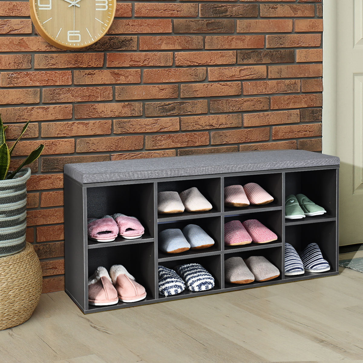 10-Cube Shoe Bench with Padded Cushions-Grey