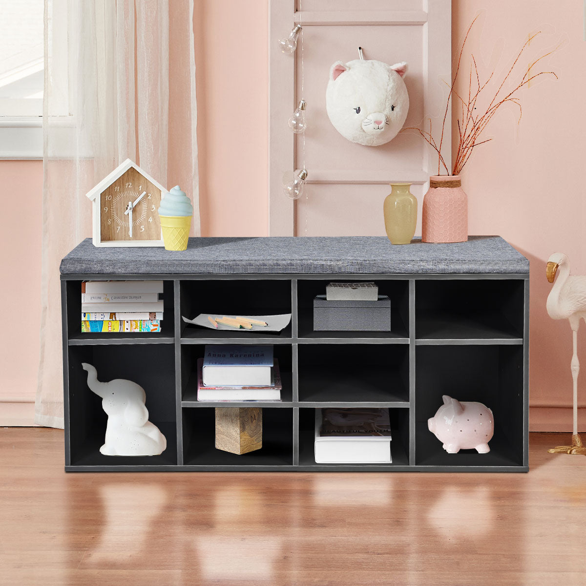 10-Cube Shoe Bench with Padded Cushions-Grey