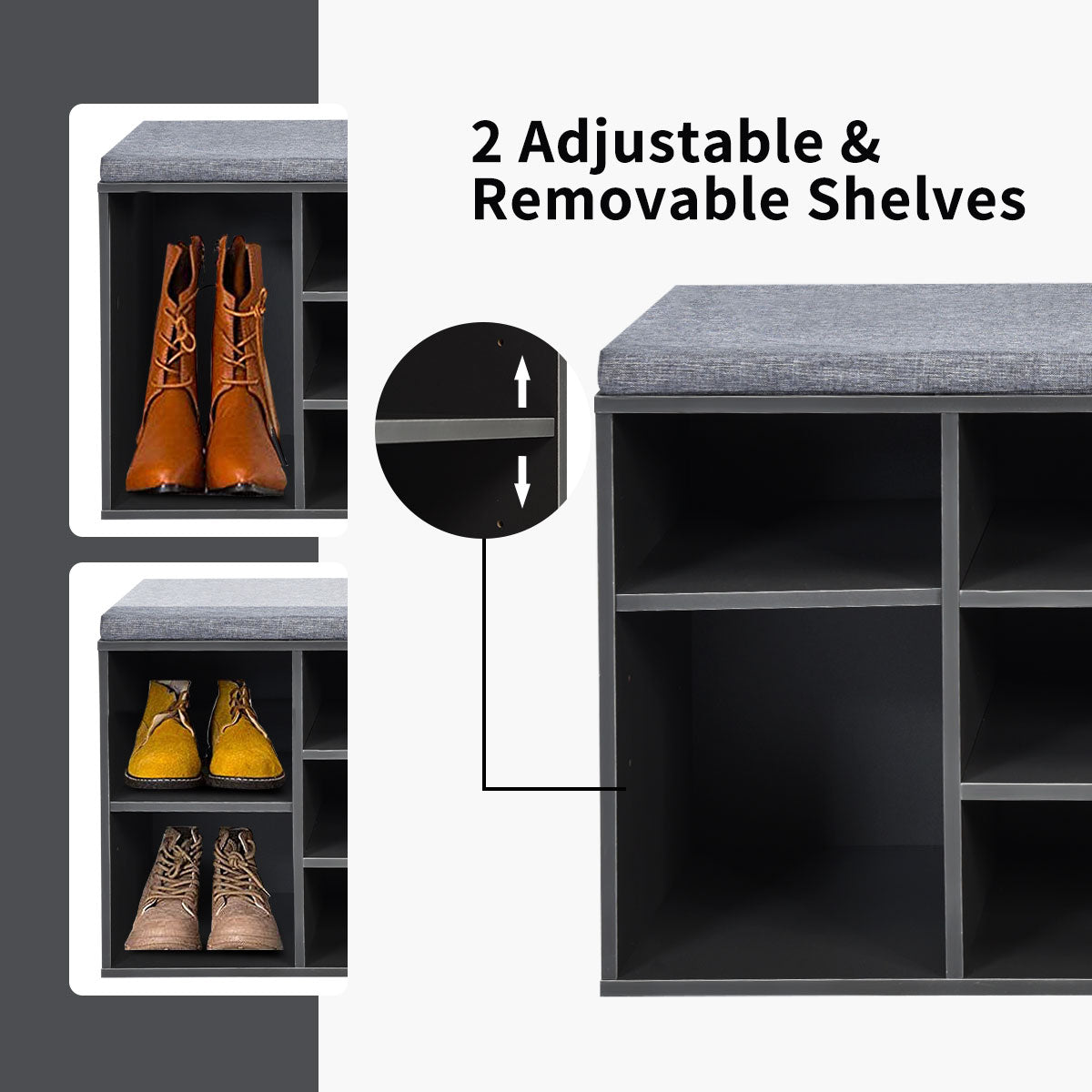 10-Cube Shoe Bench with Padded Cushions-Grey