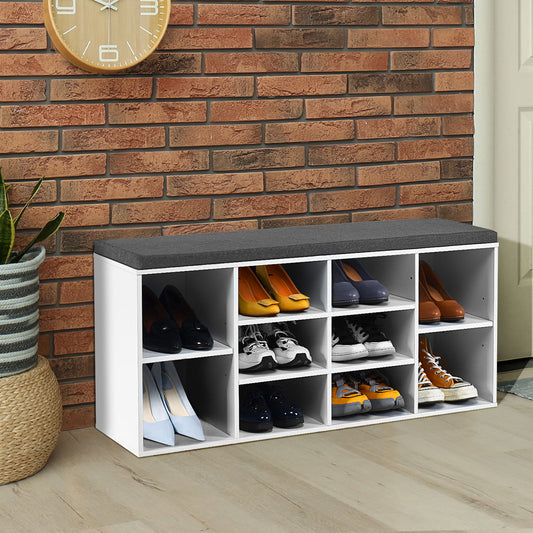 10-Cube Shoe Bench with Padded Cushions-White