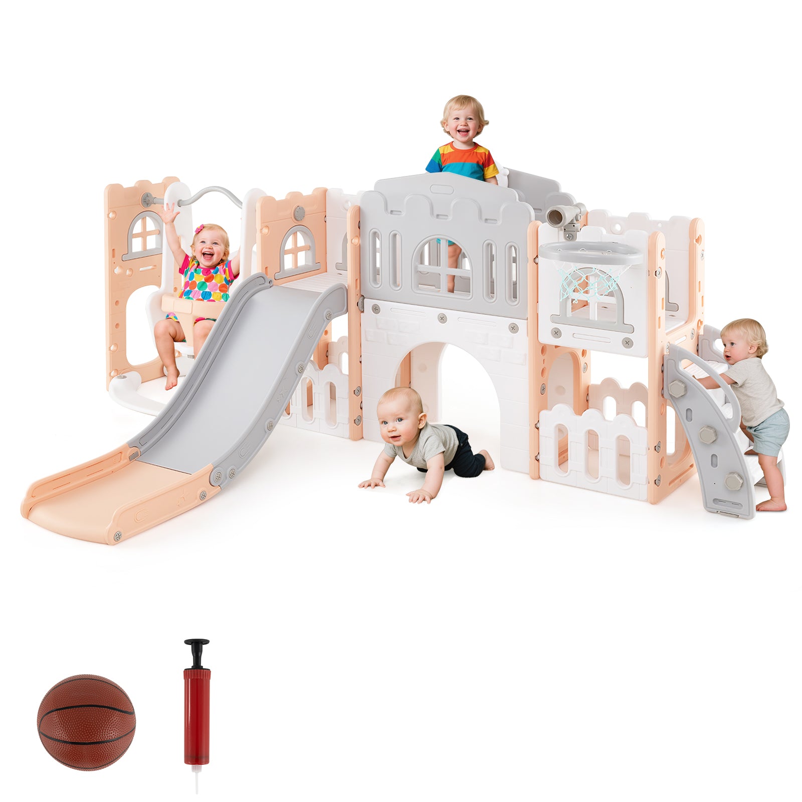 10 in 1 Toddler Swing and Slide Set with Basketball Hoop and Storage Space-Pink