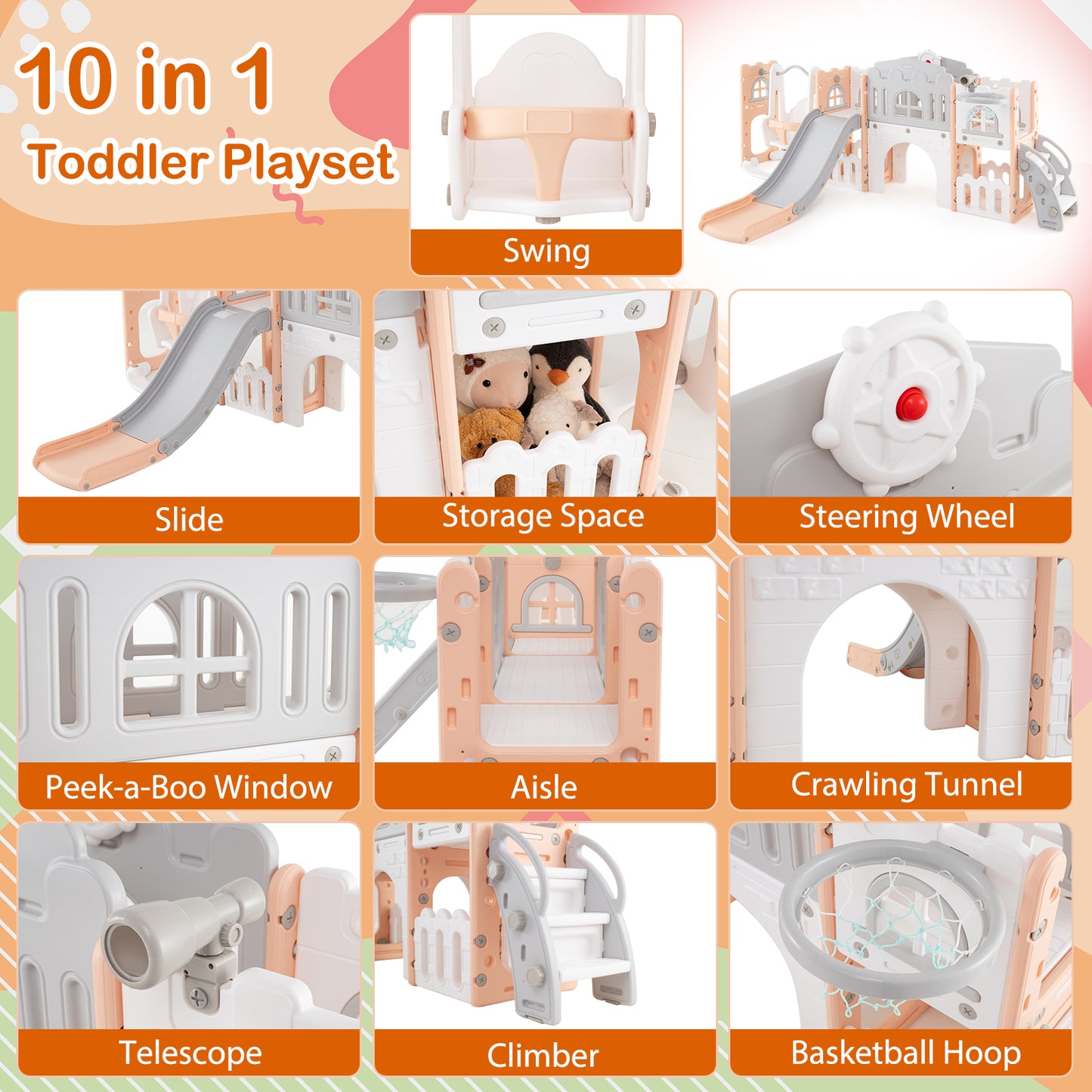 10 in 1 Toddler Swing and Slide Set with Basketball Hoop and Storage Space-Pink