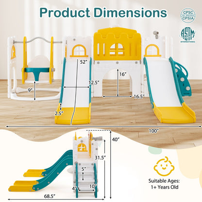 10-in-1 Toddler Swing and Slide Set with 2 Long Slides and Swing Seat-Yellow