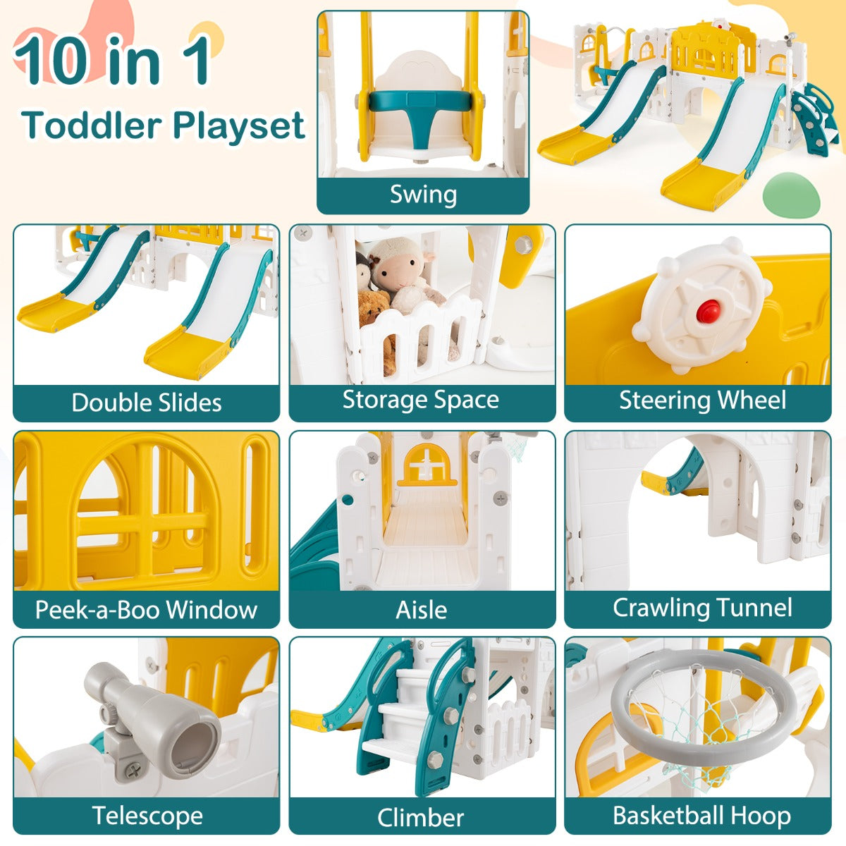 10-in-1 Toddler Swing and Slide Set with 2 Long Slides and Swing Seat-Yellow