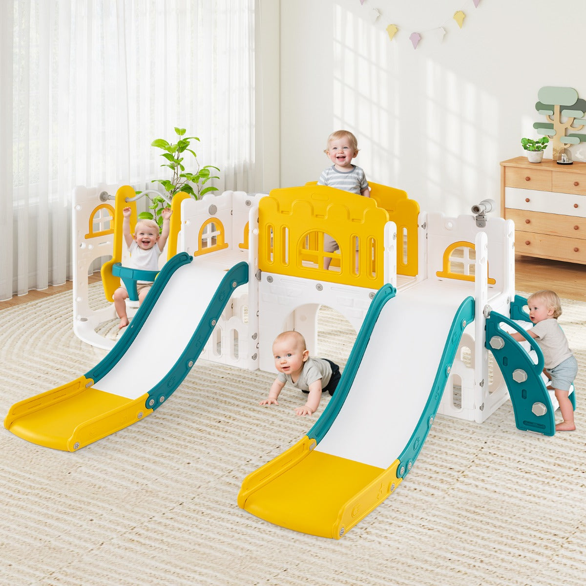 10-in-1 Toddler Swing and Slide Set with 2 Long Slides and Swing Seat-Yellow