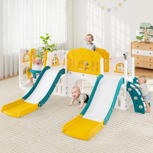 10-in-1 Toddler Swing and Slide Set with 2 Long Slides and Swing Seat-Yellow
