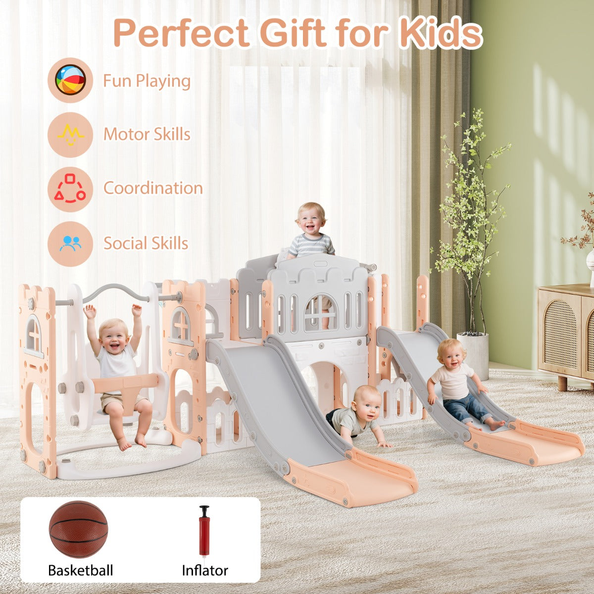 10-in-1 Toddler Swing and Slide Set with 2 Long Slides and Swing Seat-Pink