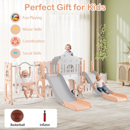 10-in-1 Toddler Swing and Slide Set with 2 Long Slides and Swing Seat-Pink