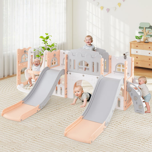 10-in-1 Toddler Swing and Slide Set with 2 Long Slides and Swing Seat-Pink