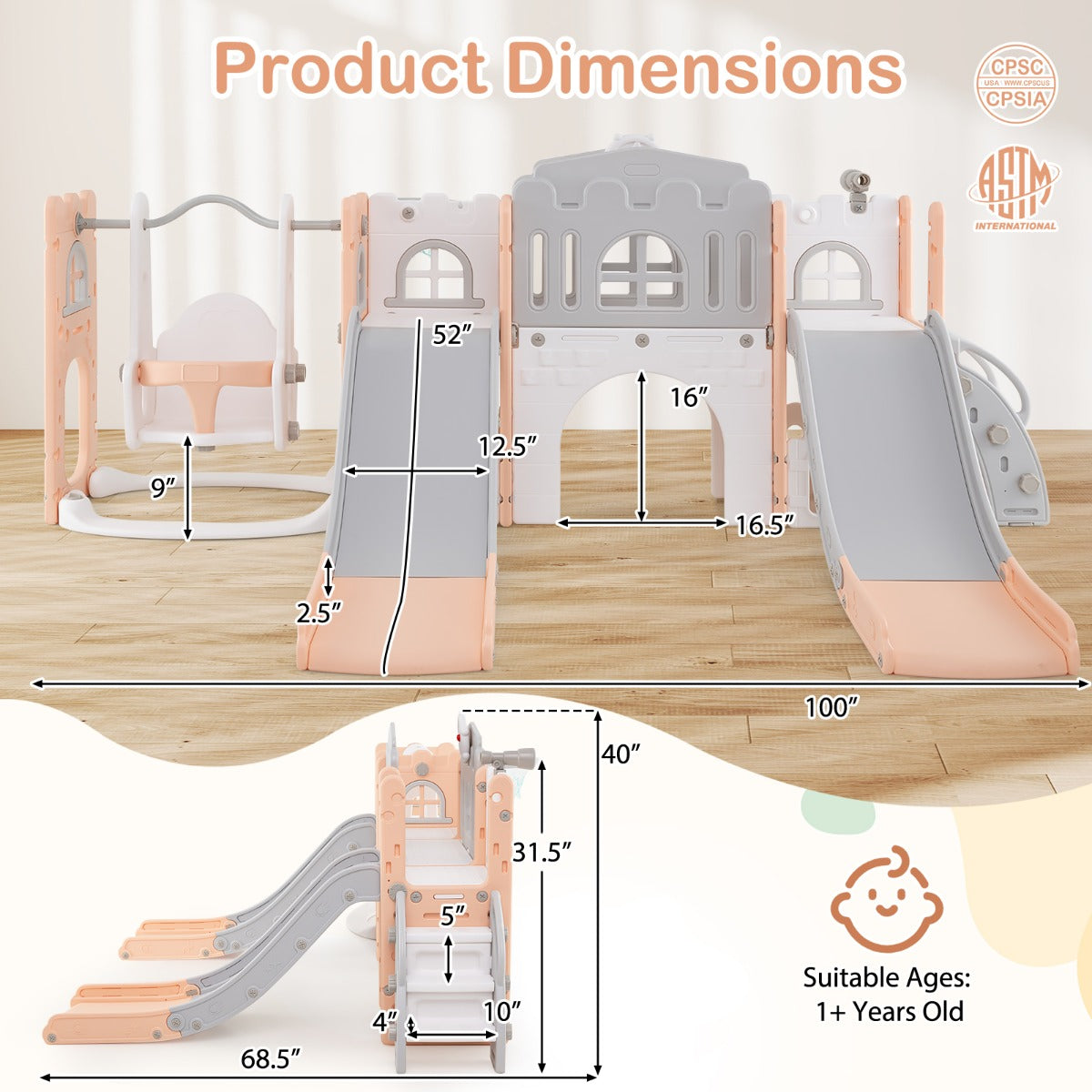10-in-1 Toddler Swing and Slide Set with 2 Long Slides and Swing Seat-Pink