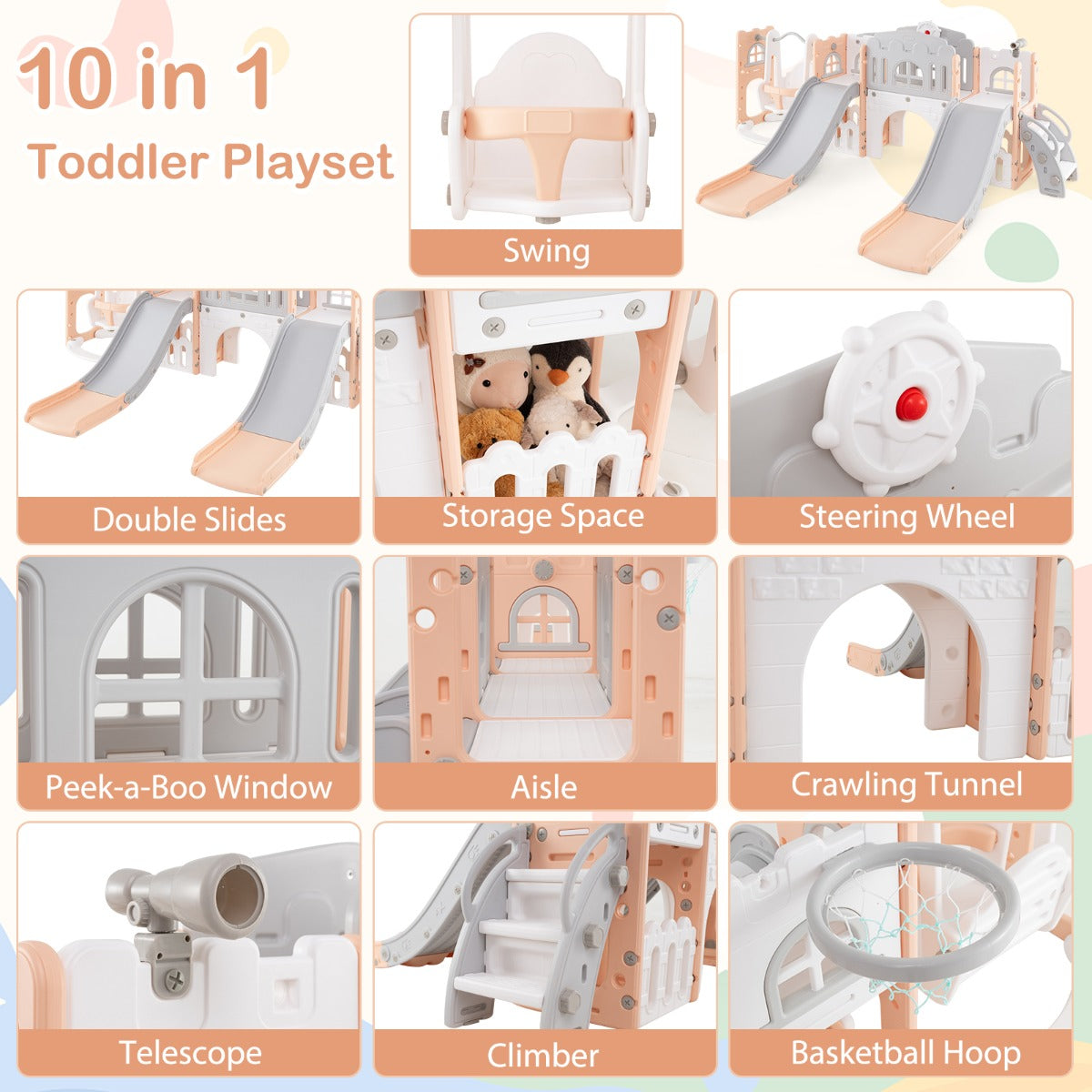 10-in-1 Toddler Swing and Slide Set with 2 Long Slides and Swing Seat-Pink