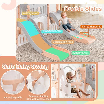 10-in-1 Toddler Swing and Slide Set with 2 Long Slides and Swing Seat-Pink