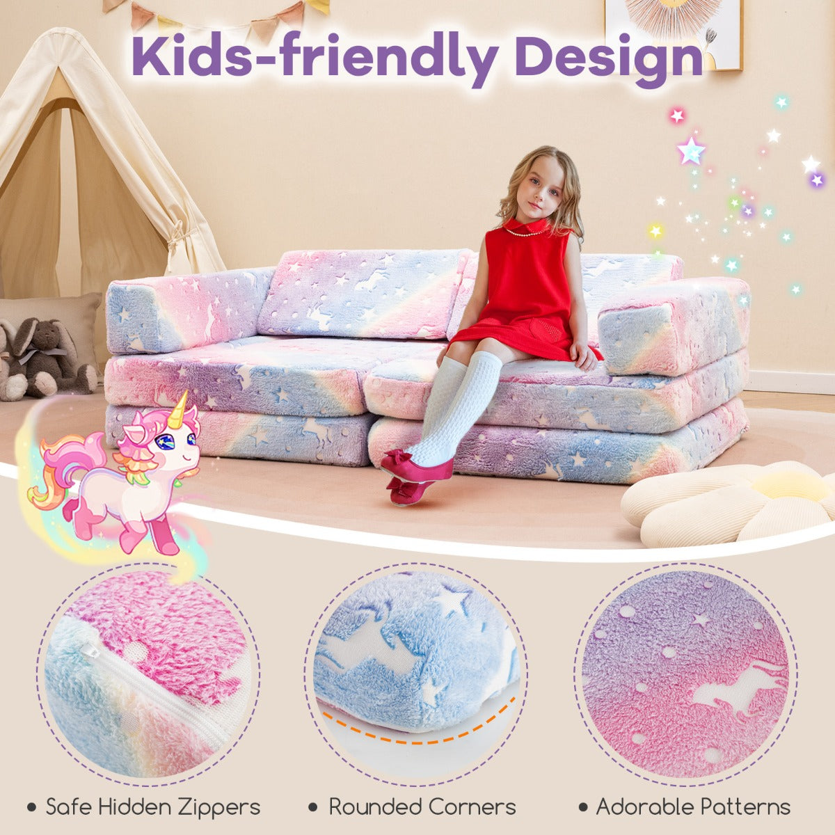 10 Pieces Modular Toddler Sectional Sofa Glow in the Dark-Colourful