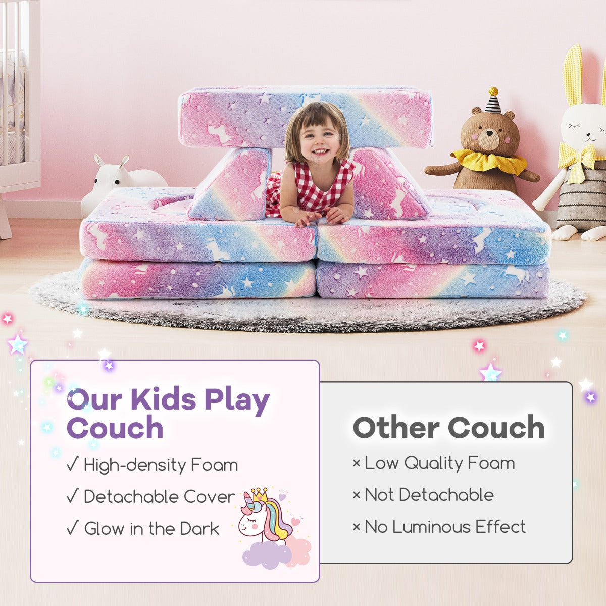 10 Pieces Modular Toddler Sectional Sofa Glow in the Dark-Colourful
