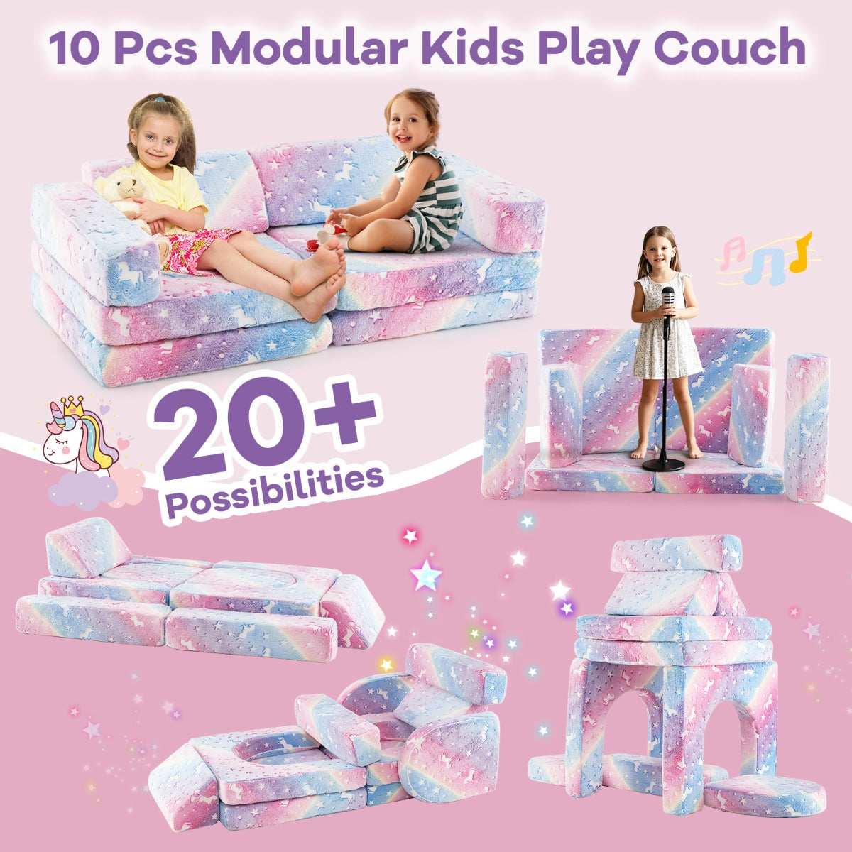 10 Pieces Modular Toddler Sectional Sofa Glow in the Dark-Colourful
