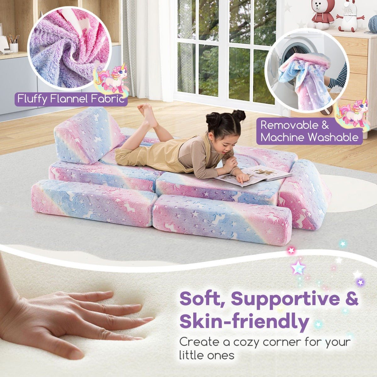 10 Pieces Modular Toddler Sectional Sofa Glow in the Dark-Colourful