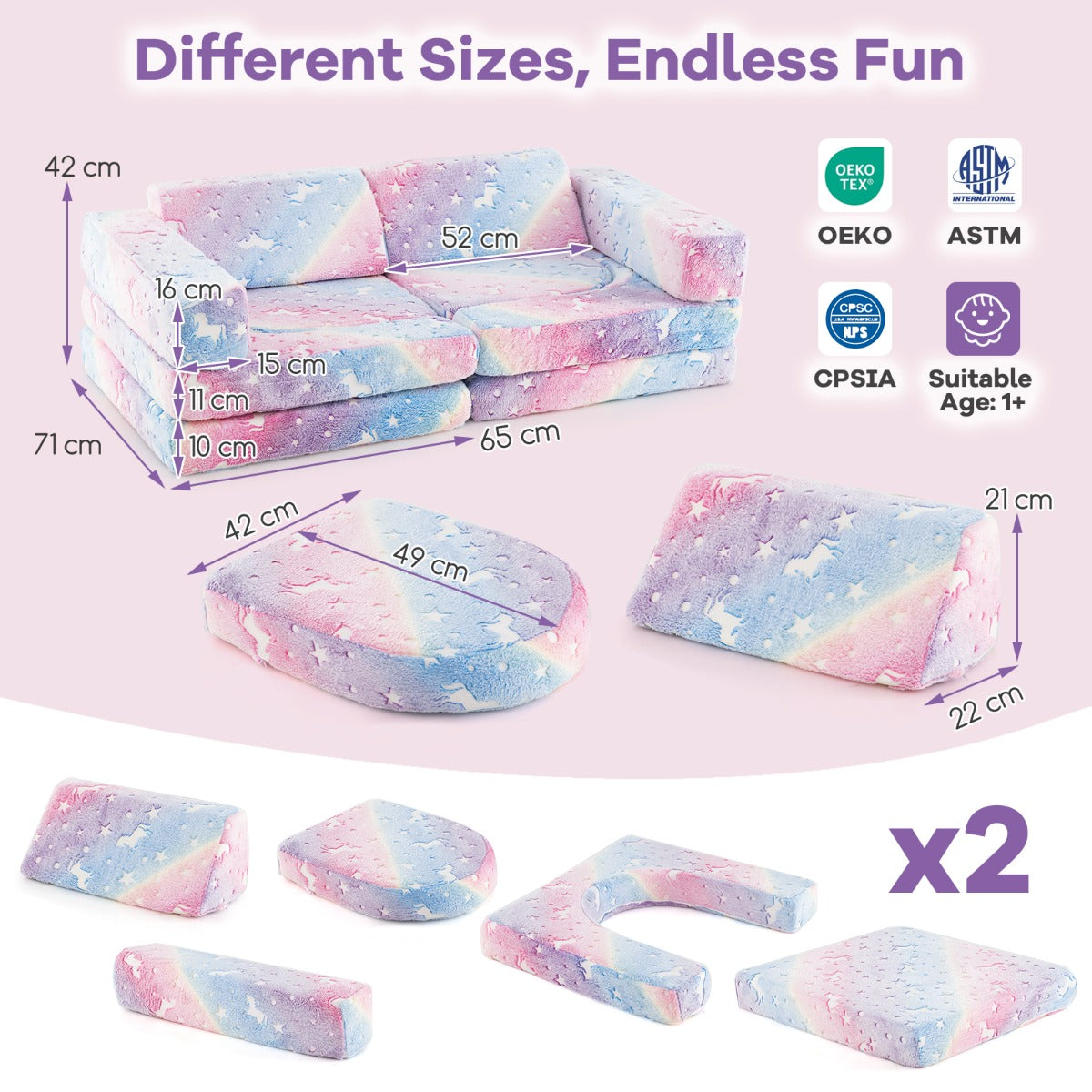 10 Pieces Modular Toddler Sectional Sofa Glow in the Dark-Colourful