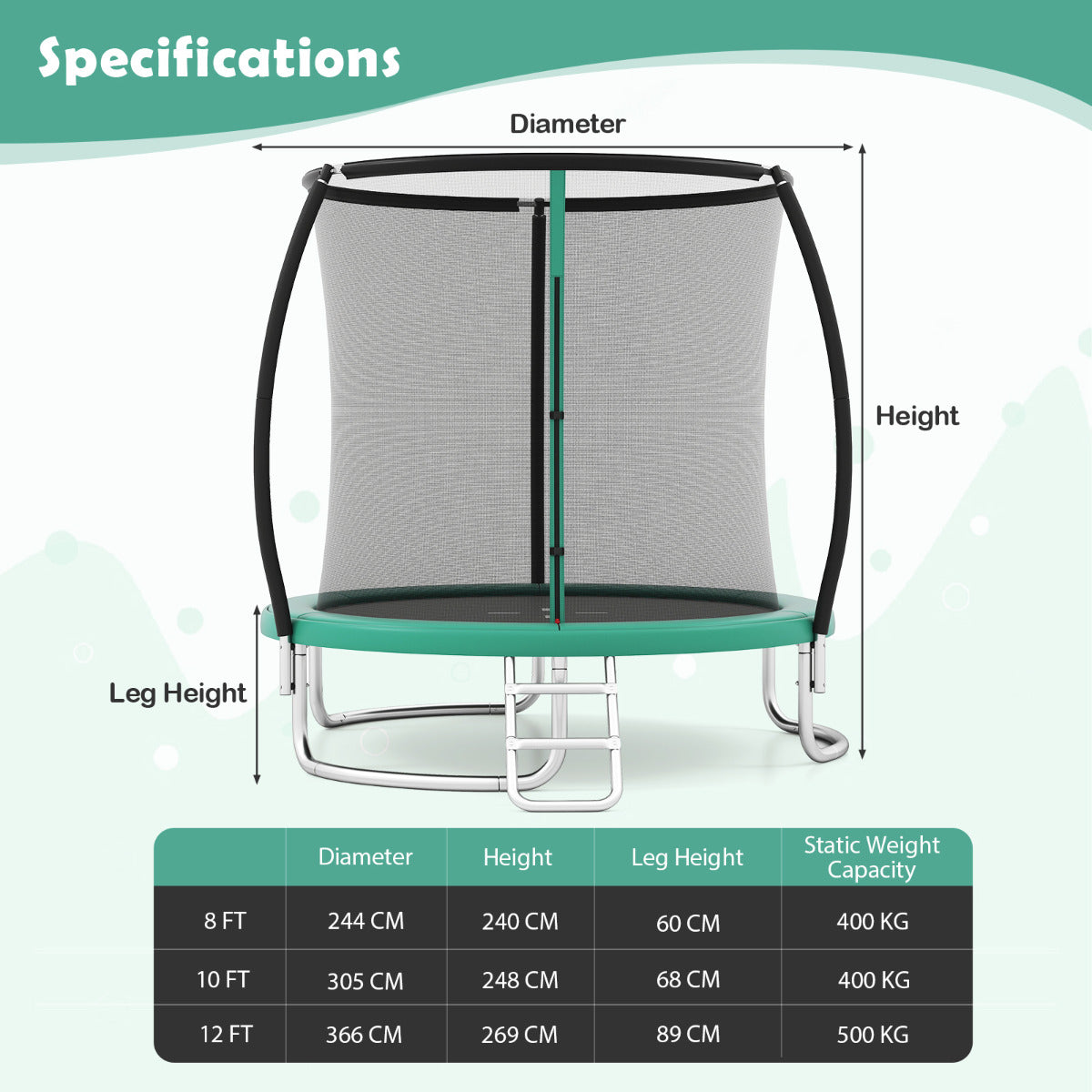 10FT Outdoor Trampoline with Safety Enclosure Net-Green