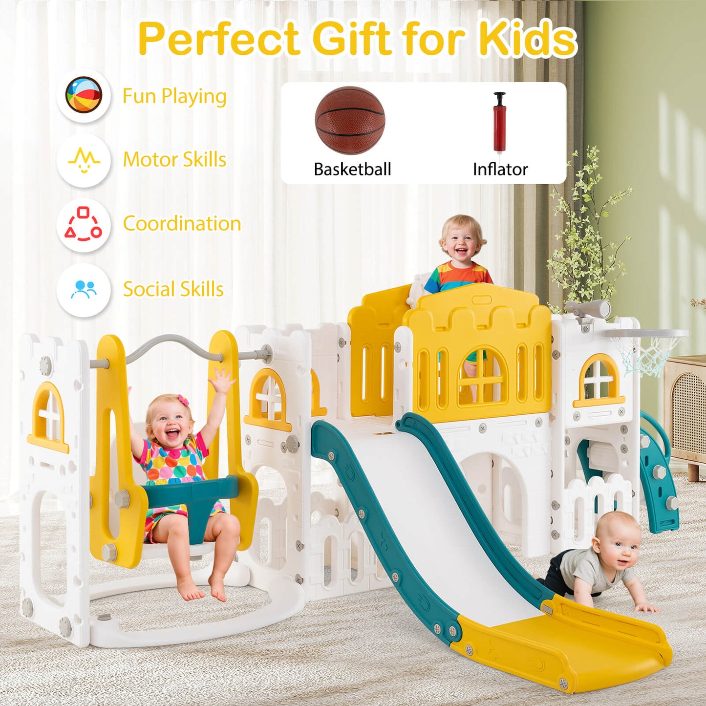 10 in 1 Toddler Swing and Slide Set with Basketball Hoop and Storage Space-Yellow